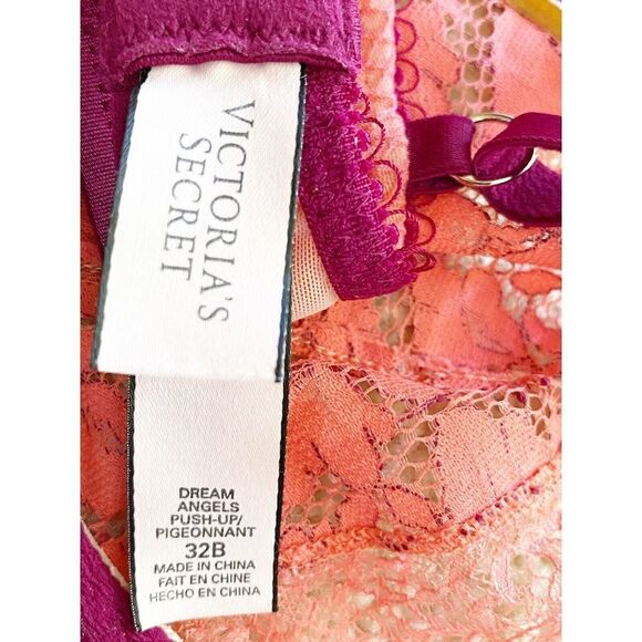 Victorias Secret Pink Push Up Bra 32B Dream Angels Salmon Sheer Lace Underwire - Picture 7 of 7